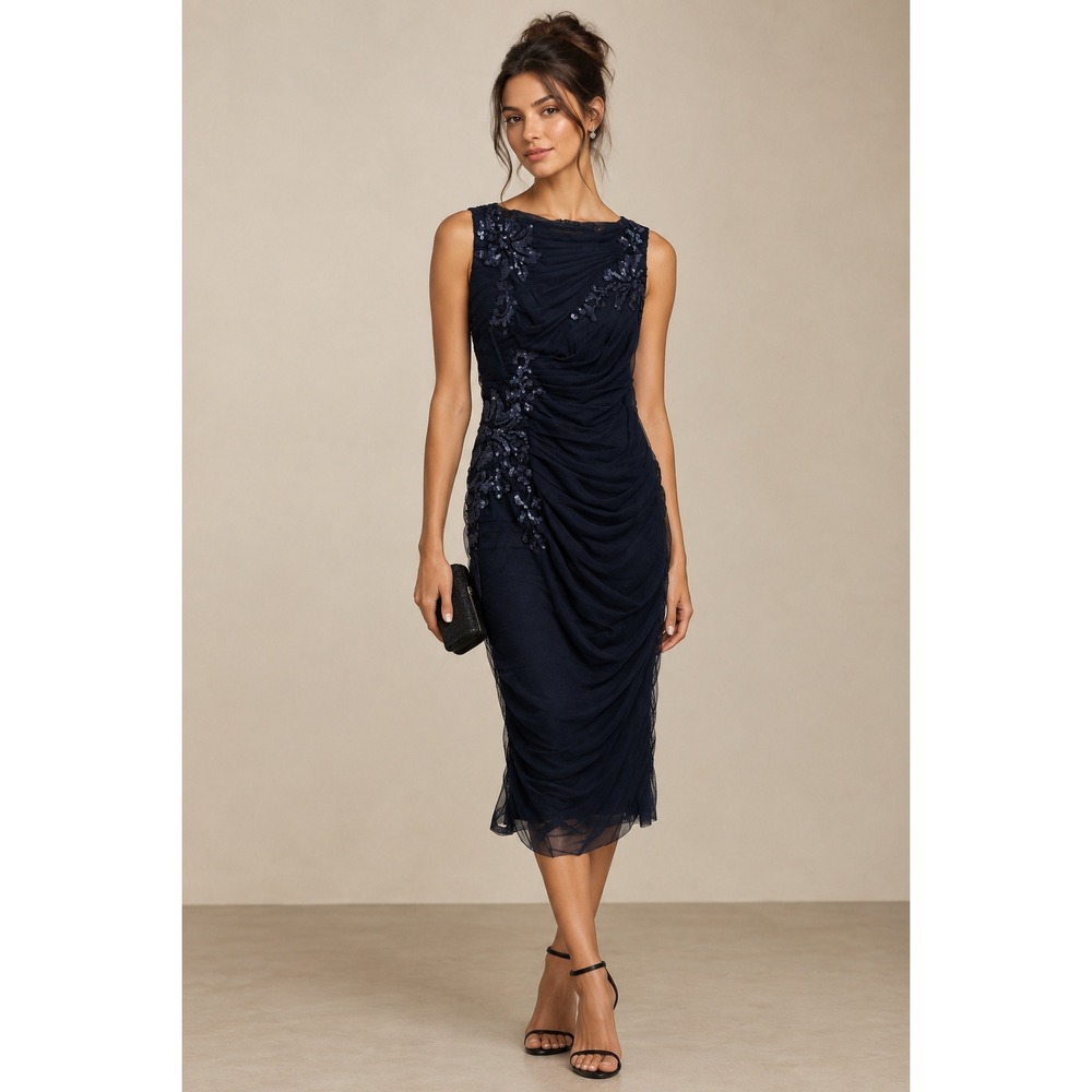 Tadashi Shoji Navy Blue Sequin Applique Ruched Tulle Cocktail Dress Size 10